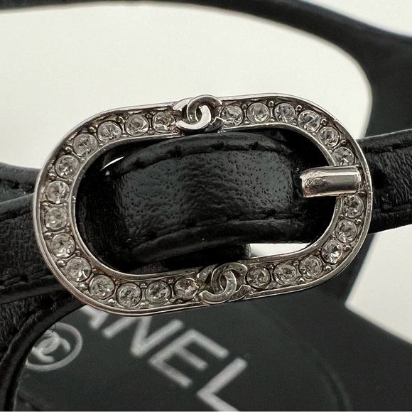 CHANEL 23M CC BLACK LEATHER CRYSTAL SANDALS SIZE EU 38 / US 8